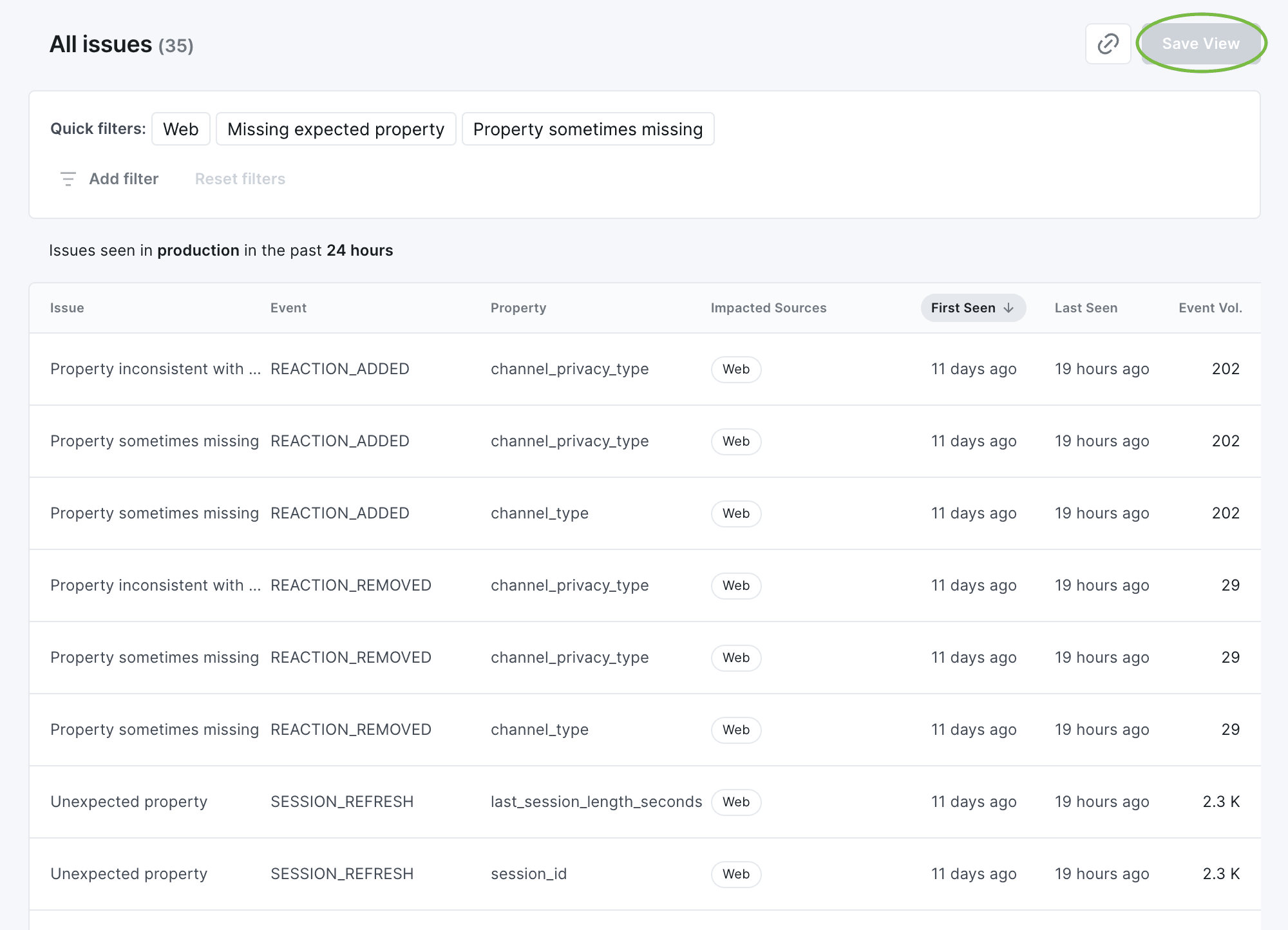 Image shows the default all issues view ordered by issues last seen.