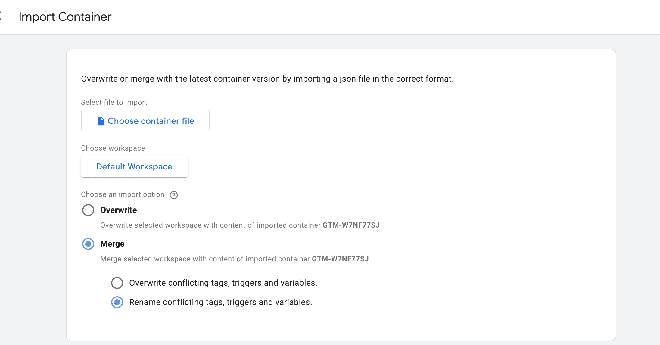 Import screen in Google Tag Manager