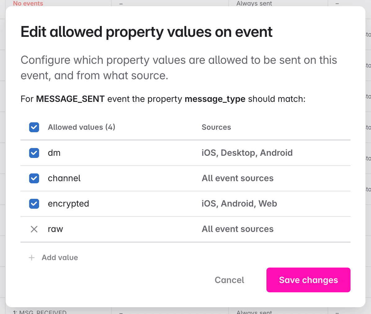 Image shows a dialog to edit allowed values for a property on a single event